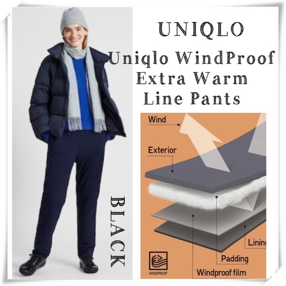 UNIQLO WindProof Extra Warm Line Pants In Black Winter Outdoor Fleece Pants Sz L - Picture 1 of 10